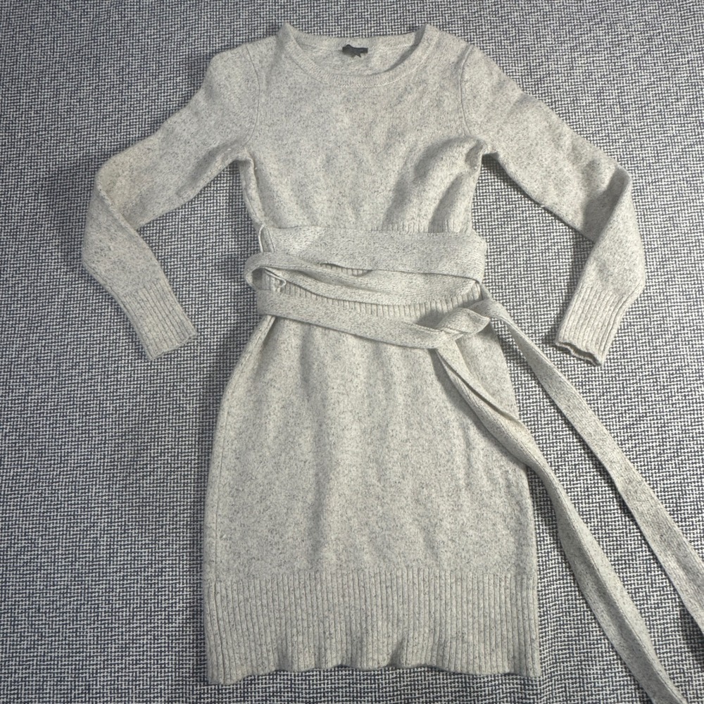 Ann Taylor Womens Small Heather Gray Wool Blend Tie Waist Knit Sweater Dress
